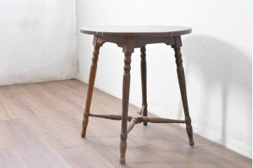 和製アンティーク　希少デザイン　栓材　挽物脚と十字の貫がアクセントの丸テーブル　(R-086837)