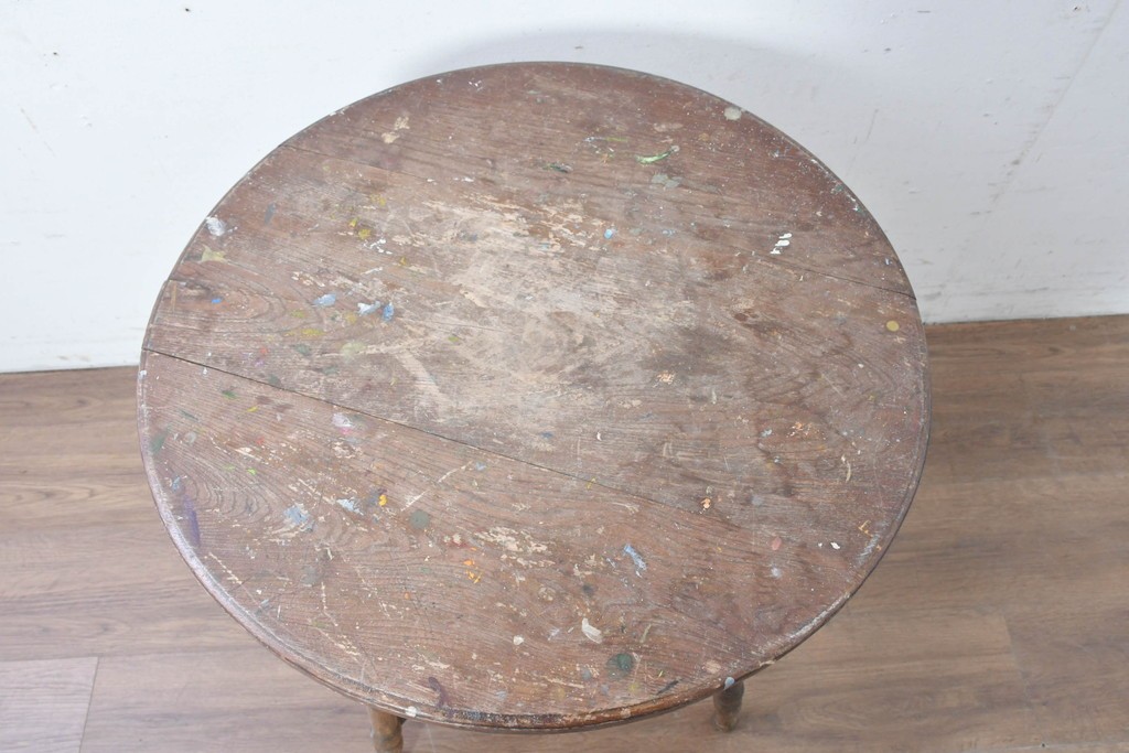 和製アンティーク　希少デザイン　栓材　挽物脚と十字の貫がアクセントの丸テーブル　(R-086837)