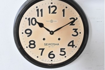 和製アンティーク　精工舎(SEIKOSHA、セイコー)　21DAY　黒いフレームが渋い味わいの丸型掛け時計　(R-086840)