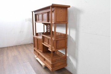 和製ヴィンテージ　国産職人手作り　総欅(ケヤキ)材　透かし彫りが上品な茶棚　(R-086845)