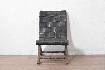 スペインヴィンテージ　Pierre Lottier(ピエール・ロティエ)　本革を格子状に編み込んだスリッパチェア　(R-086850)