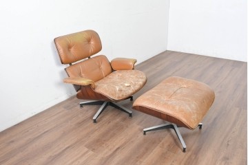 【ジャンク品】　アメリカヴィンテージ　Hermanmiller(ハーマンミラー社)　ローズウッド材　本革シートのイームズラウンジチェア&オットマンのセット　定価約113万円　(R-086852)