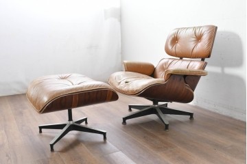 【ジャンク品】　アメリカヴィンテージ　Hermanmiller(ハーマンミラー社)　ローズウッド材　本革シートのイームズラウンジチェア&オットマンのセット　定価約113万円　(R-086852)