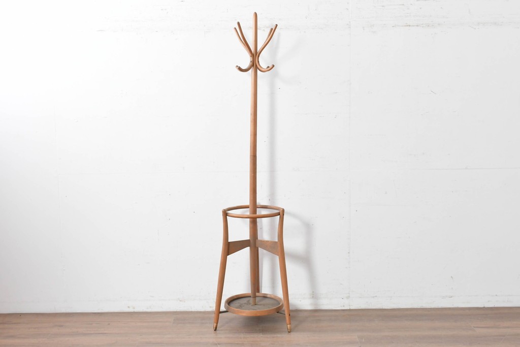 和製ヴィンテージ　秋田木工　曲げ木の優美な傘立て付きポールハンガー　(R-086856)