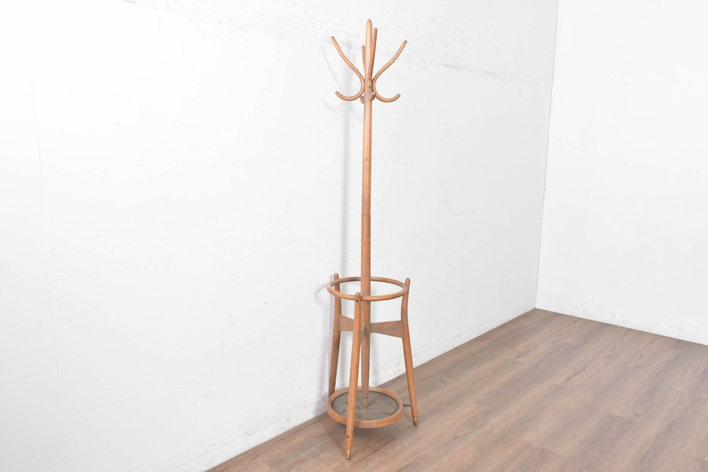 和製ヴィンテージ　秋田木工　曲げ木の優美な傘立て付きポールハンガー　(R-086856)