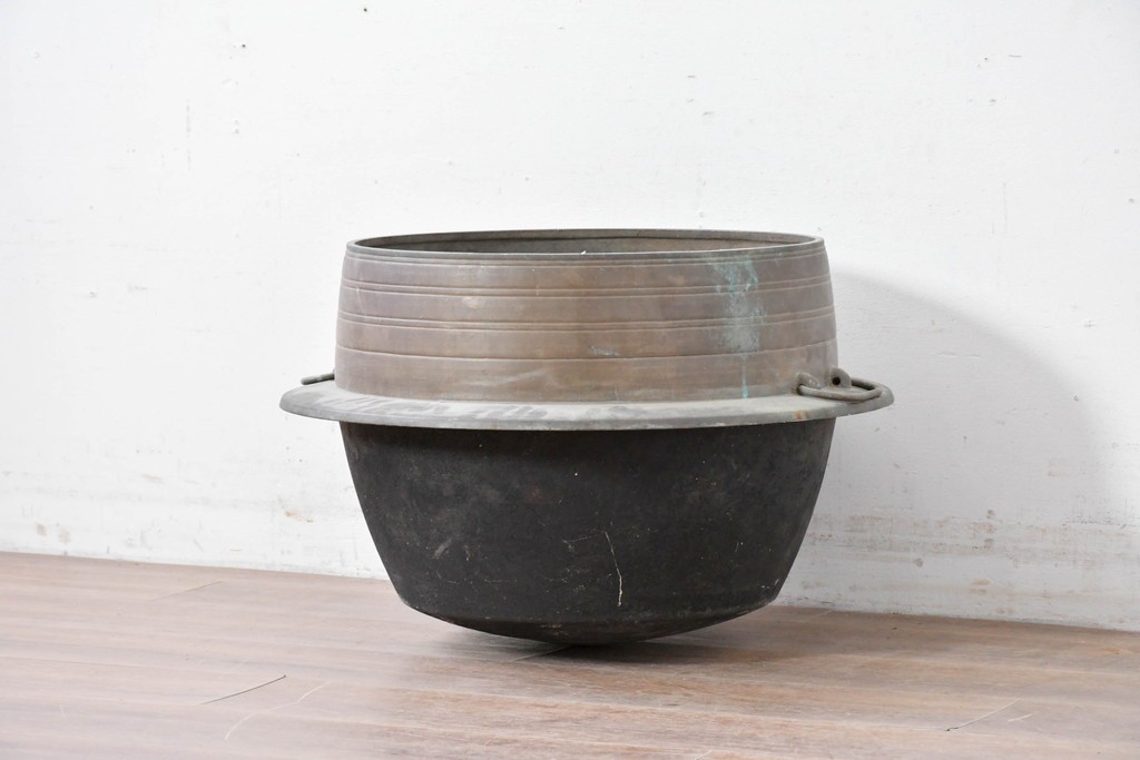 昭和中期　真鍮製　持ち手の付いた特大サイズの羽釜　(R-086857)