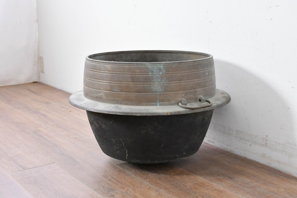 昭和中期　真鍮製　持ち手の付いた特大サイズの羽釜　(R-086857)