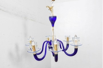 中古　イタリア製　ルミナベッラ取り扱い　De Majo(デ・マヨ)　ムラーノガラスの鮮やかなブルーが映える6灯シャンデリア　定価推定100万円以上　(R-086863)