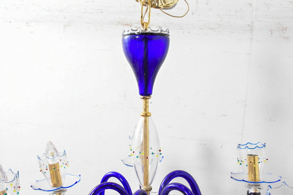 中古　イタリア製　ルミナベッラ取り扱い　De Majo(デ・マヨ)　ムラーノガラスの鮮やかなブルーが映える6灯シャンデリア　定価推定100万円以上　(R-086863)
