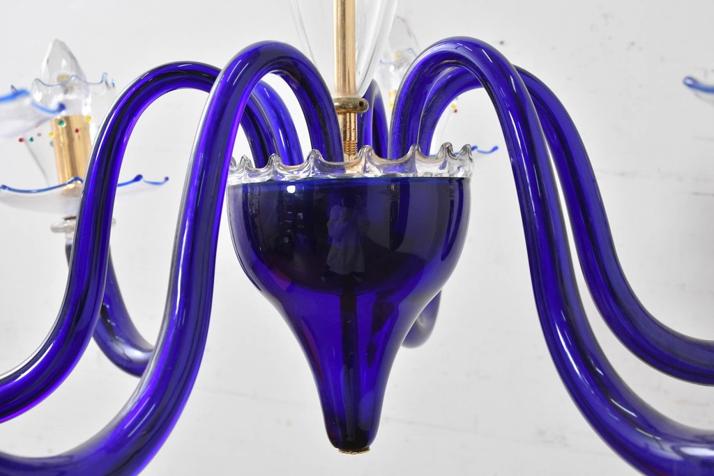 中古　イタリア製　ルミナベッラ取り扱い　De Majo(デ・マヨ)　ムラーノガラスの鮮やかなブルーが映える6灯シャンデリア　定価推定100万円以上　(R-086863)