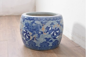 【簡易リペア限定品】　和製アンティーク　玉取獅子(獅子・鞠)モチーフの瀬戸火鉢　(R-086864)