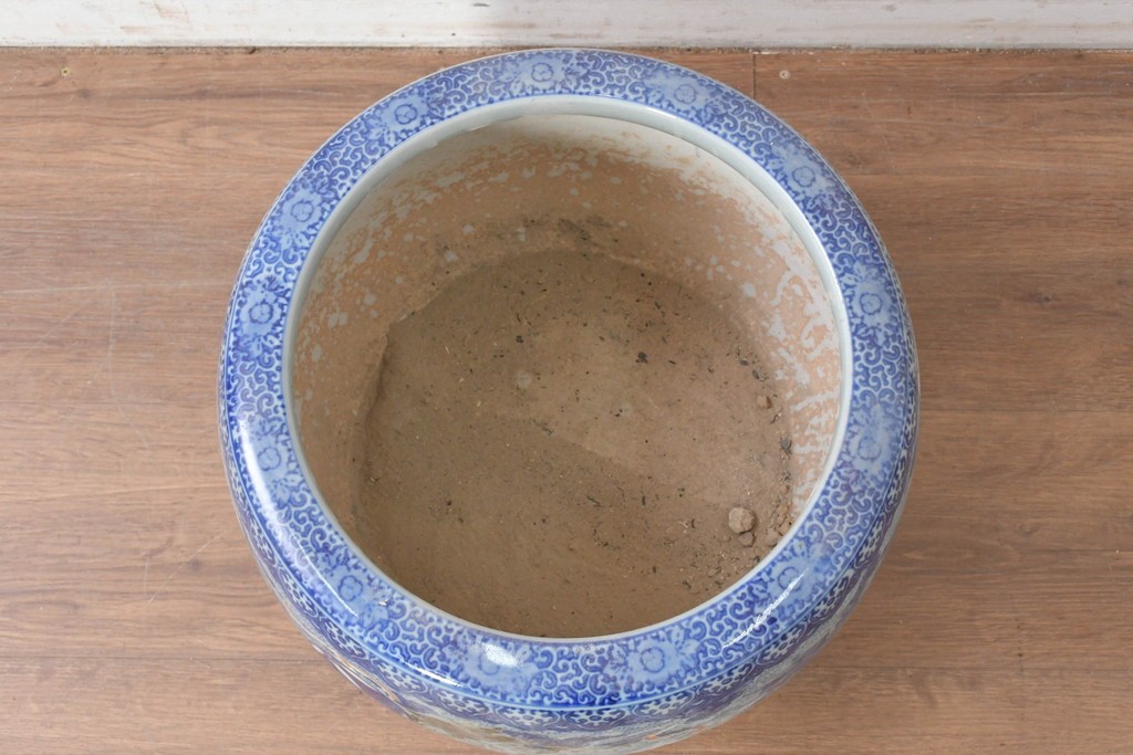 【簡易リペア限定品】　和製アンティーク　玉取獅子(獅子・鞠)モチーフの瀬戸火鉢　(R-086864)