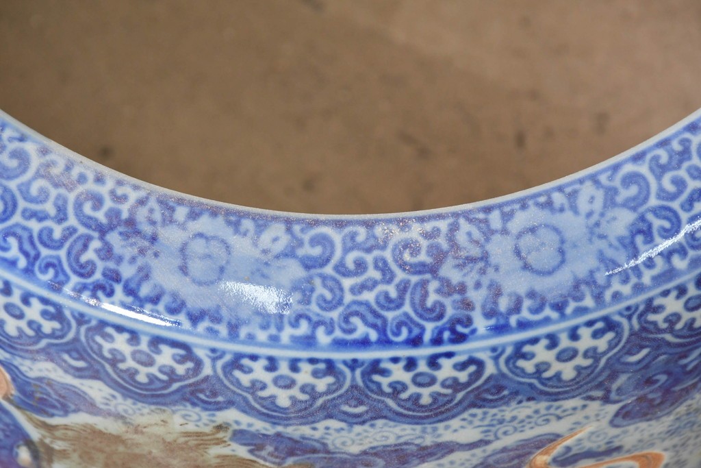 【簡易リペア限定品】　和製アンティーク　玉取獅子(獅子・鞠)モチーフの瀬戸火鉢　(R-086864)