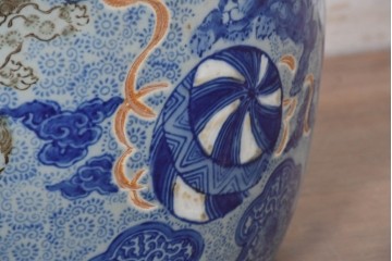 【簡易リペア限定品】　和製アンティーク　玉取獅子(獅子・鞠)モチーフの瀬戸火鉢　(R-086864)