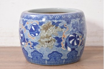 【簡易リペア限定品】　和製アンティーク　玉取獅子(獅子・鞠)モチーフの瀬戸火鉢　(R-086864)