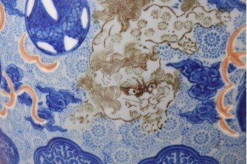 【簡易リペア限定品】　和製アンティーク　玉取獅子(獅子・鞠)モチーフの瀬戸火鉢　(R-086864)