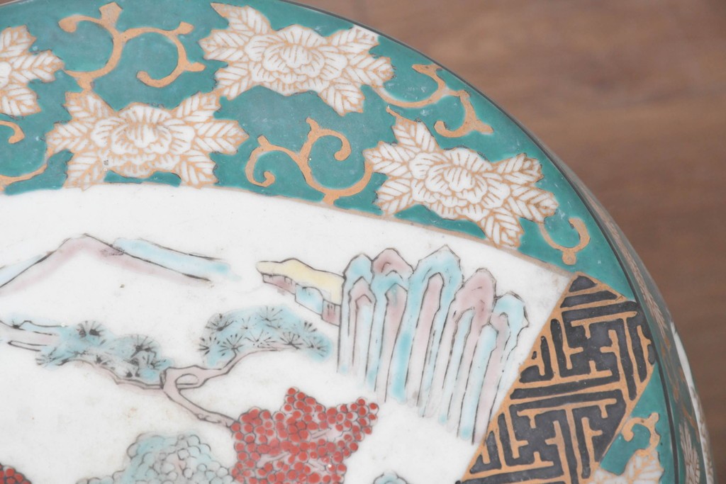 和製ヴィンテージ　高級品　GOLD IMARI　扇面模様(山水図・花鳥図)が描かれた有田焼のスツール　(R-086865)