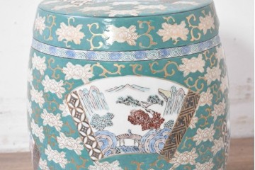 和製ヴィンテージ　高級品　GOLD IMARI　扇面模様(山水図・花鳥図)が描かれた有田焼のスツール　(R-086865)