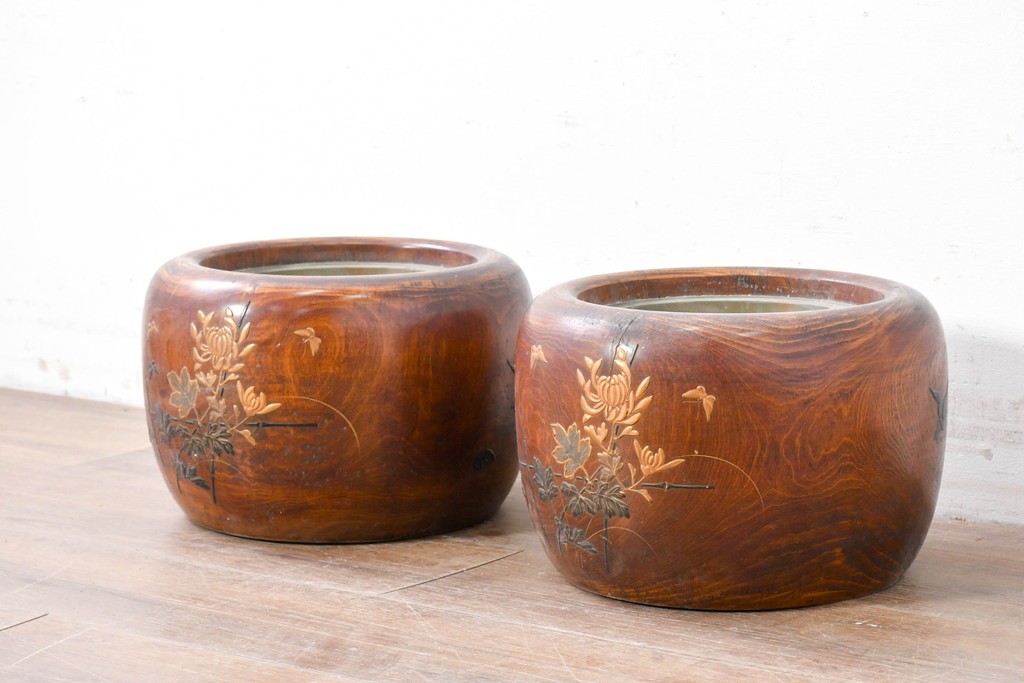 【簡易リペア限定品】　和製アンティーク　花鳥図の蒔絵が美しいくり抜き火鉢2点セット　(R-086866)