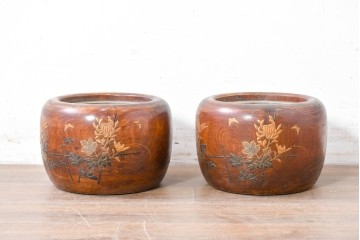 【簡易リペア限定品】　和製アンティーク　花鳥図の蒔絵が美しいくり抜き火鉢2点セット　(R-086866)