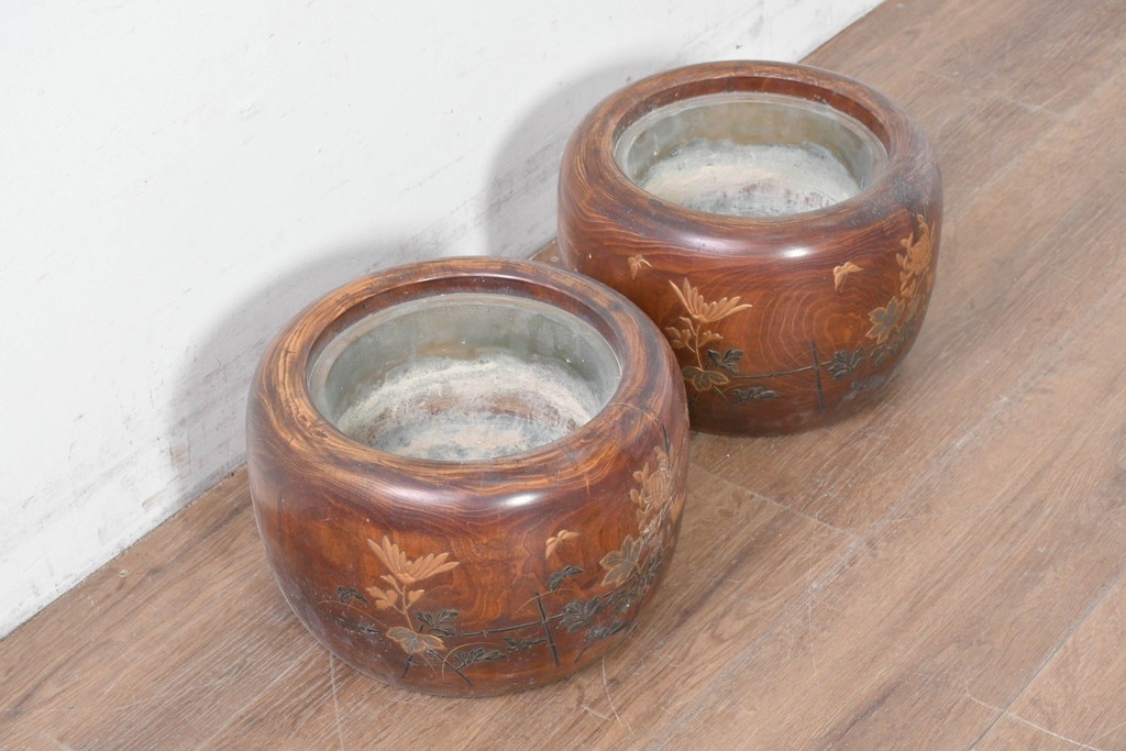 【簡易リペア限定品】　和製アンティーク　花鳥図の蒔絵が美しいくり抜き火鉢2点セット　(R-086866)