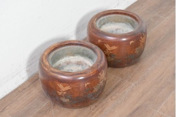 【簡易リペア限定品】　和製アンティーク　花鳥図の蒔絵が美しいくり抜き火鉢2点セット　(R-086866)