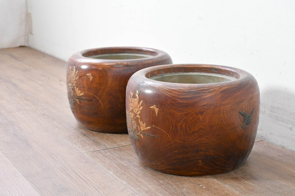 【簡易リペア限定品】　和製アンティーク　花鳥図の蒔絵が美しいくり抜き火鉢2点セット　(R-086866)