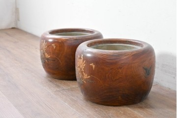 【簡易リペア限定品】　和製アンティーク　花鳥図の蒔絵が美しいくり抜き火鉢2点セット　(R-086866)