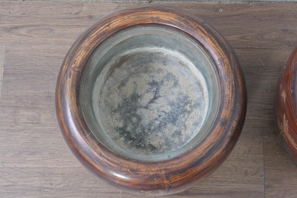 【簡易リペア限定品】　和製アンティーク　花鳥図の蒔絵が美しいくり抜き火鉢2点セット　(R-086866)