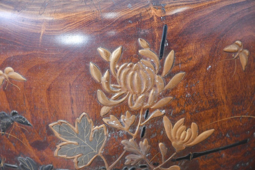 【簡易リペア限定品】　和製アンティーク　花鳥図の蒔絵が美しいくり抜き火鉢2点セット　(R-086866)