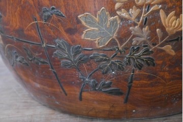 【簡易リペア限定品】　和製アンティーク　花鳥図の蒔絵が美しいくり抜き火鉢2点セット　(R-086866)