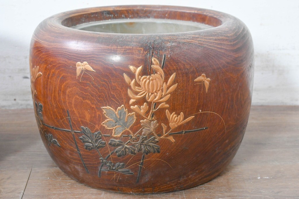 【簡易リペア限定品】　和製アンティーク　花鳥図の蒔絵が美しいくり抜き火鉢2点セット　(R-086866)