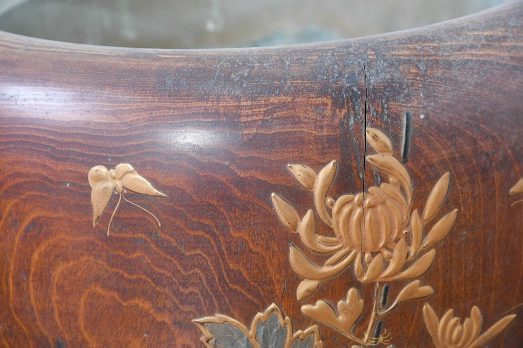 【簡易リペア限定品】　和製アンティーク　花鳥図の蒔絵が美しいくり抜き火鉢2点セット　(R-086866)