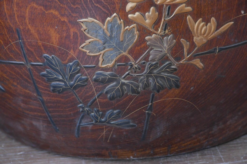 【簡易リペア限定品】　和製アンティーク　花鳥図の蒔絵が美しいくり抜き火鉢2点セット　(R-086866)