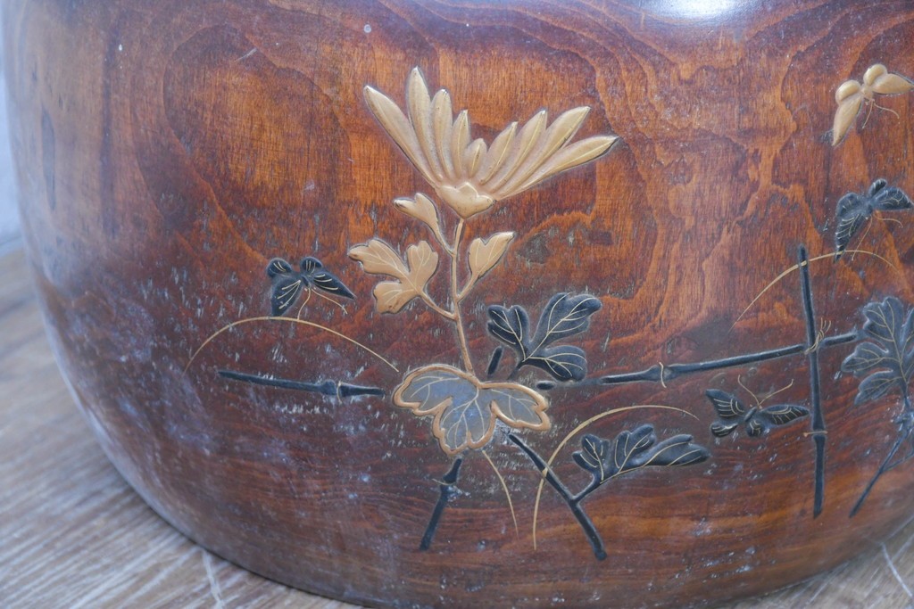 【簡易リペア限定品】　和製アンティーク　花鳥図の蒔絵が美しいくり抜き火鉢2点セット　(R-086866)