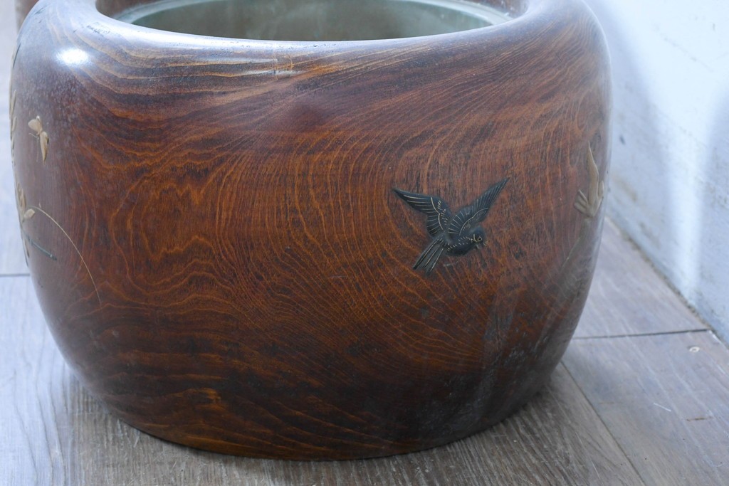 【簡易リペア限定品】　和製アンティーク　花鳥図の蒔絵が美しいくり抜き火鉢2点セット　(R-086866)