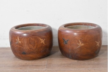 【簡易リペア限定品】　和製アンティーク　花鳥図の蒔絵が美しいくり抜き火鉢2点セット　(R-086866)