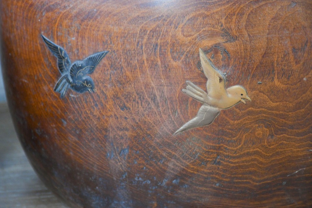 【簡易リペア限定品】　和製アンティーク　花鳥図の蒔絵が美しいくり抜き火鉢2点セット　(R-086866)