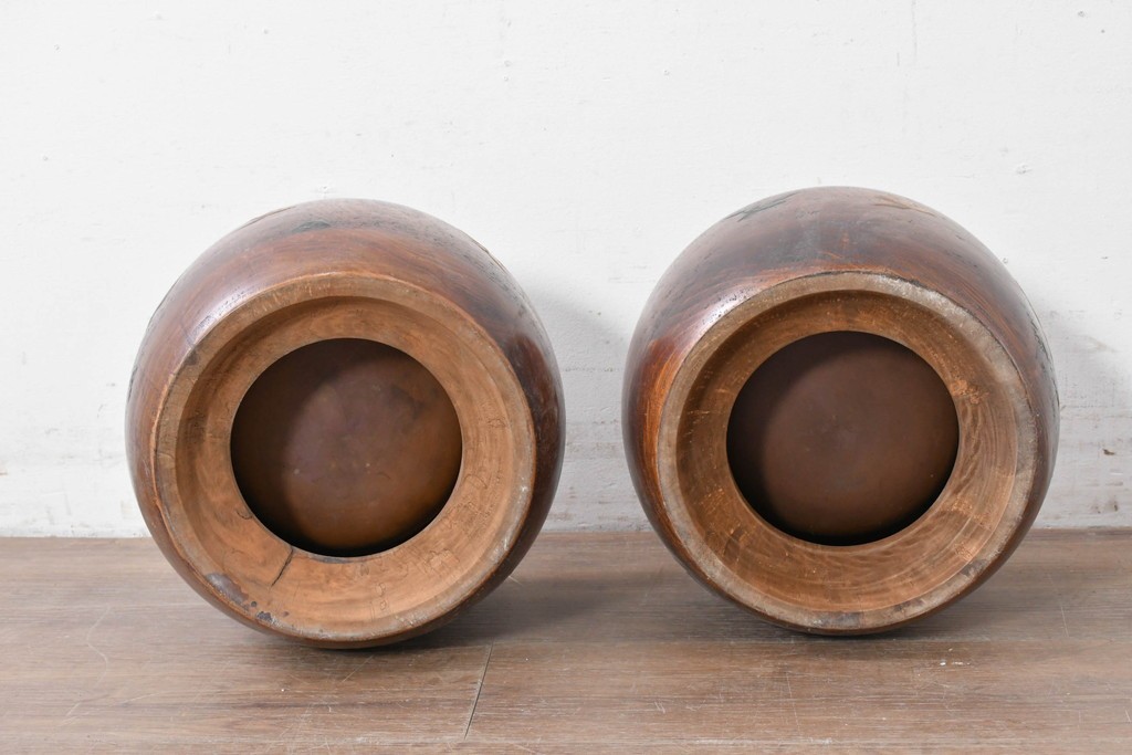 【簡易リペア限定品】　和製アンティーク　花鳥図の蒔絵が美しいくり抜き火鉢2点セット　(R-086866)