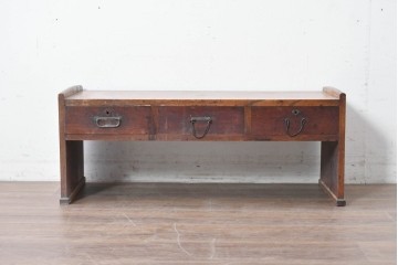 和製アンティーク　明治大正期　総欅(ケヤキ)材　引き出し3杯付きの文机　(R-086886)