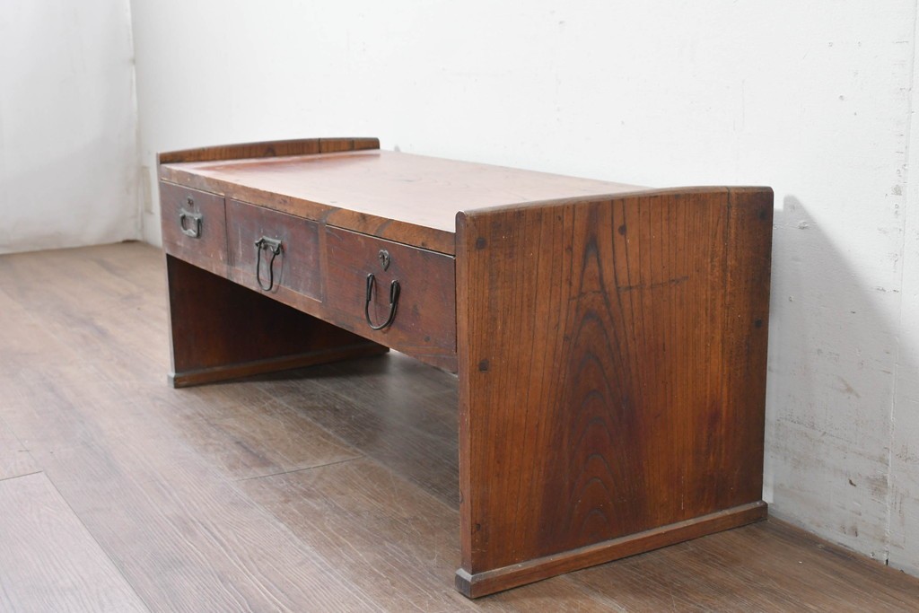 和製アンティーク　明治大正期　総欅(ケヤキ)材　引き出し3杯付きの文机　(R-086886)