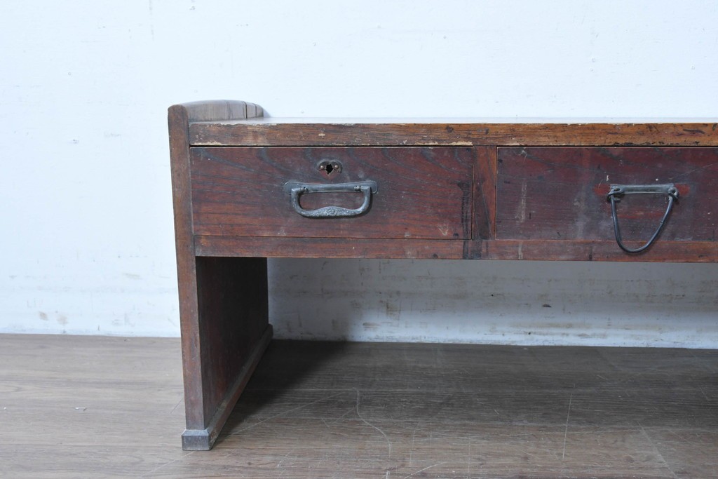 和製アンティーク　明治大正期　総欅(ケヤキ)材　引き出し3杯付きの文机　(R-086886)