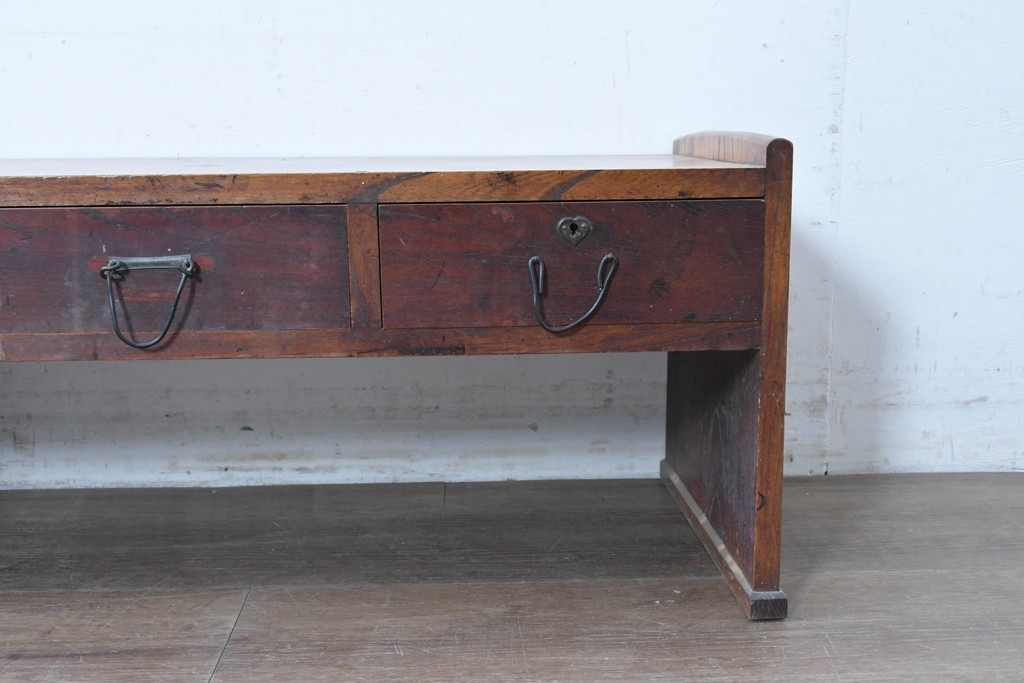 和製アンティーク　明治大正期　総欅(ケヤキ)材　引き出し3杯付きの文机　(R-086886)