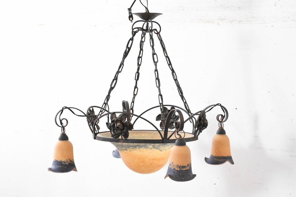 フランスアンティーク　アール・ヌーヴォー様式　熔かし込みガラスの優美な5灯シャンデリア　(R-086889)