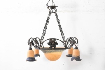 フランスアンティーク　アール・ヌーヴォー様式　熔かし込みガラスの優美な5灯シャンデリア　(R-086889)