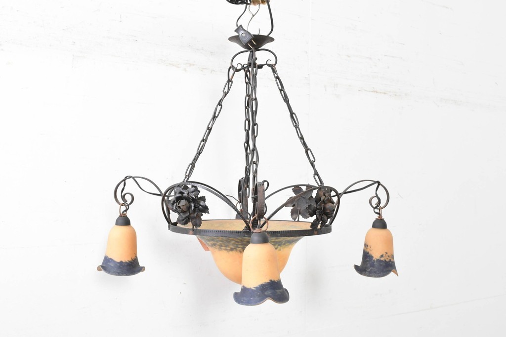 フランスアンティーク　アール・ヌーヴォー様式　熔かし込みガラスの優美な5灯シャンデリア　(R-086889)