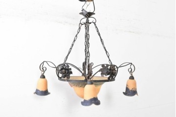 フランスアンティーク　アール・ヌーヴォー様式　熔かし込みガラスの優美な5灯シャンデリア　(R-086889)