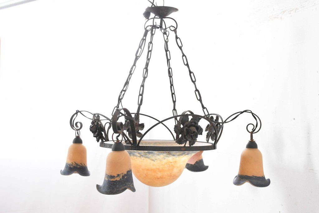 フランスアンティーク　アール・ヌーヴォー様式　熔かし込みガラスの優美な5灯シャンデリア　(R-086889)