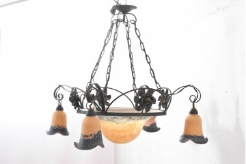 フランスアンティーク　アール・ヌーヴォー様式　熔かし込みガラスの優美な5灯シャンデリア　(R-086889)