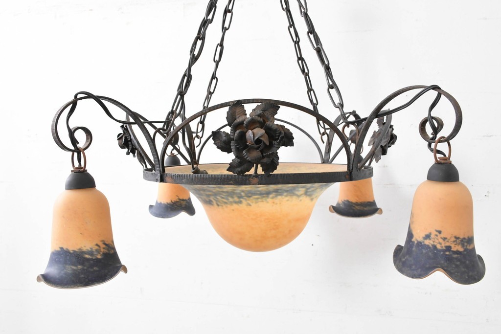 フランスアンティーク　アール・ヌーヴォー様式　熔かし込みガラスの優美な5灯シャンデリア　(R-086889)